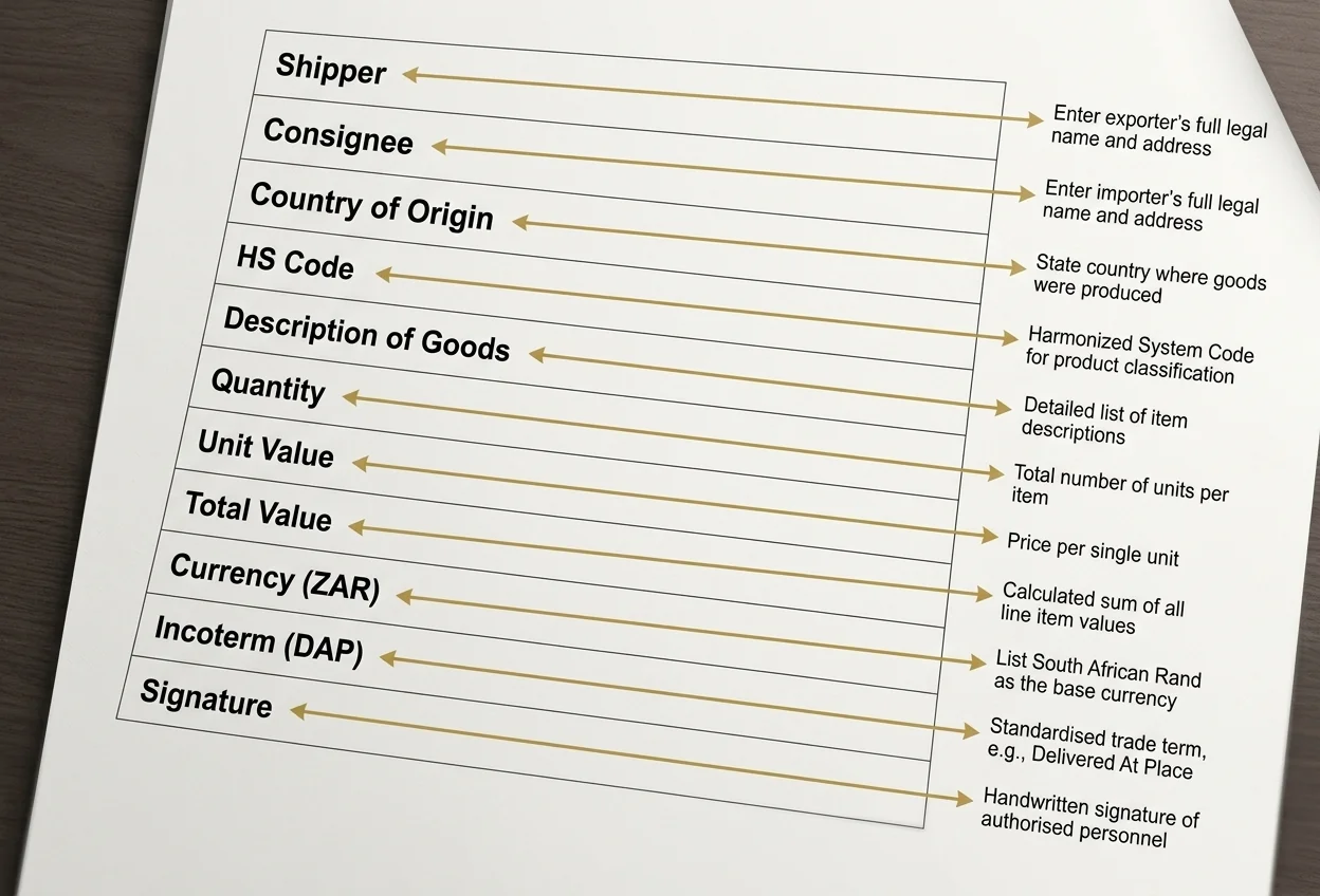 Sample commercial invoice with annotated fields for shipper, consignee, HS code, description, value and Incoterm.