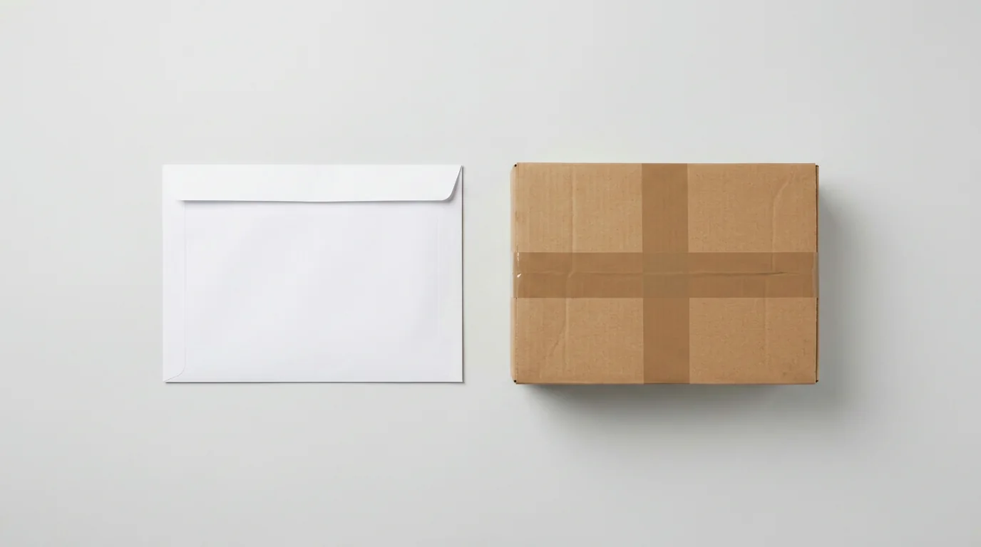 A white document courier flyer next to a brown corrugated parcel sealed with packing tape — the two Interdoc product tiers.