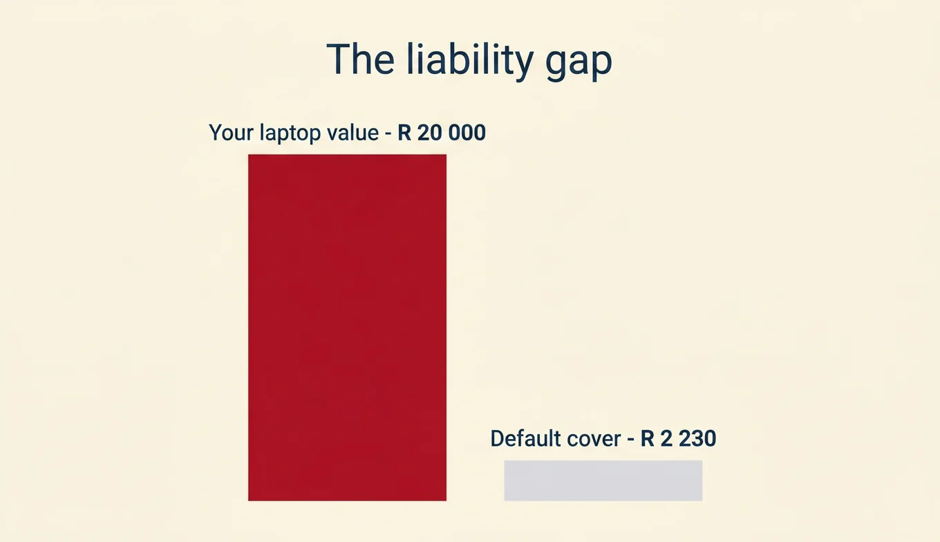 Liability gap visualised: R20 000 laptop value against R2 230 Montreal Convention default cap for a 4 kg parcel.