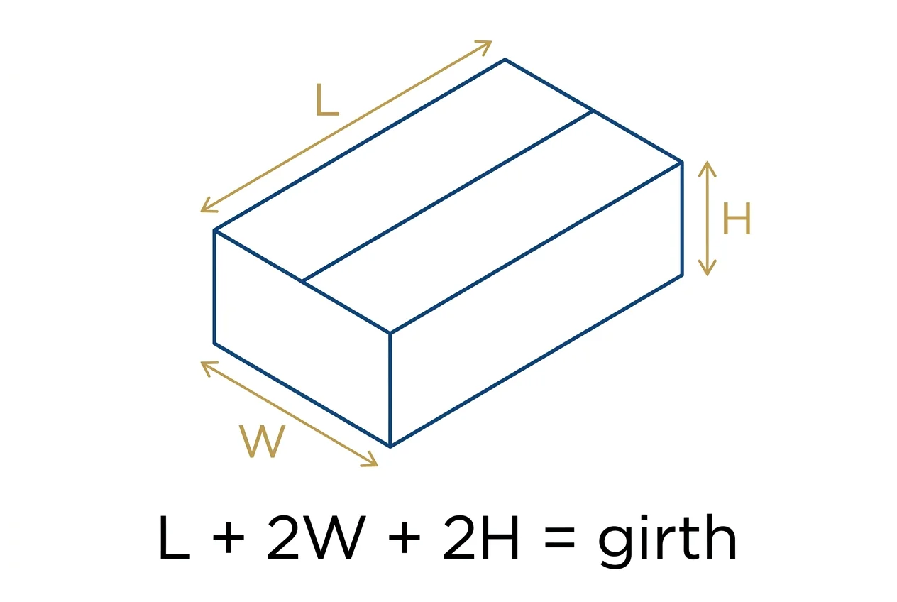 Carton diagram with length, width and height labelled, illustrating the L plus 2W plus 2H girth calculation.