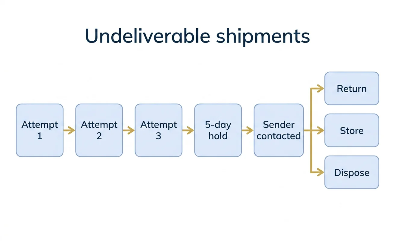 Flowchart of Interdoc undeliverable-shipment escalation: three delivery attempts, five-day hold, sender contact, then return store or dispose.