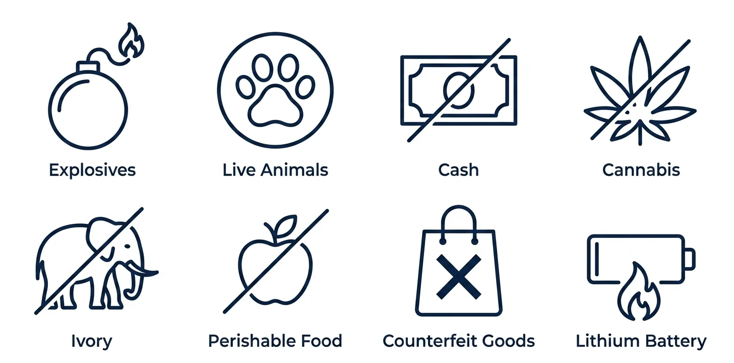 Icon grid of prohibited shipment categories: explosives, live animals, cash, cannabis, ivory, perishables, counterfeit goods.