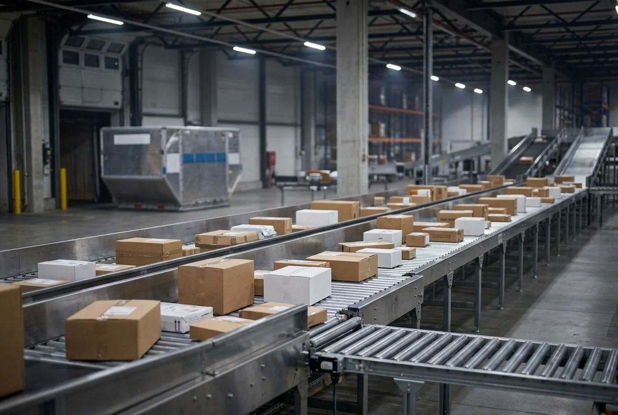 Air cargo gateway with mixed parcels staged on a sort shelf awaiting ULD loading.