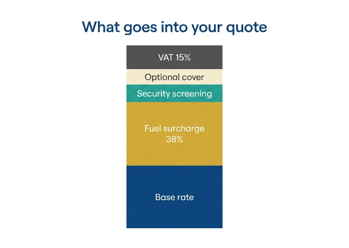 Stacked-bar visualisation of an Interdoc quote: base rate, fuel surcharge, security surcharge, optional cover and VAT components.