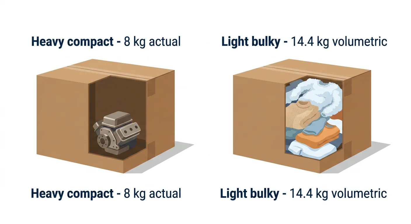 Two same-sized parcels: a heavy compact engine part billed at 8 kg next to a light bulky clothing parcel billed at 14.4 kg volumetric.
